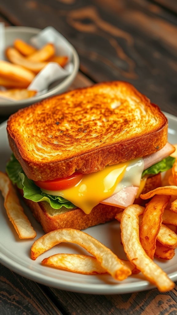 A toasted ham and cheese sandwich with lettuce and tomato, served with crispy chips on a wooden table.